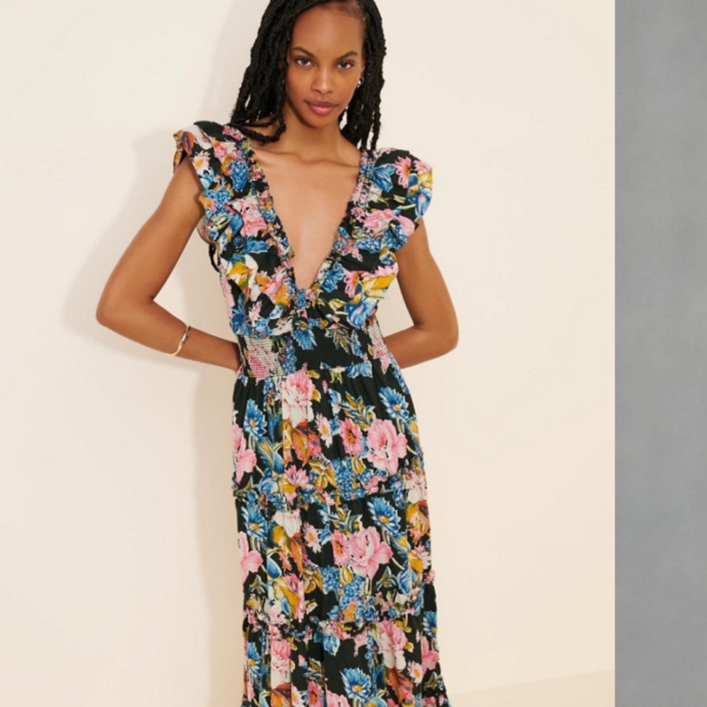 Floral Smocked Maxi Dress in Black Multi